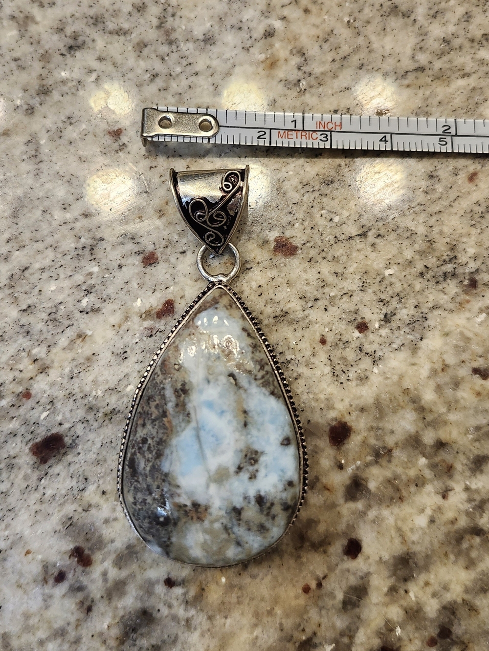 Dominican Sterling Silver 925 Teardrop Larimar Pendant in Blue and White